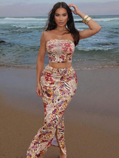 Sirith Set 2 buc. pentru femei, top scurt cu imprimeu floral și fustă mini, potrivite pentru primăvară și toamnă