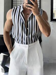 Airaco Men's Summer Casual Striped Sleeveless Shirt - Multicolor - View 1