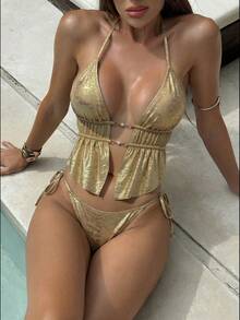 Swim Vcay Women's Solid Color Pearl Decor Tie-Back Tankini Top, Regular Fit Summer Swimwear - Gold - View 4