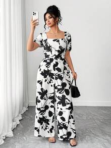 Elenzga 时尚休闲度假法式复古优雅通勤收腰印花连体裤 - 黑與白 - 查看 5