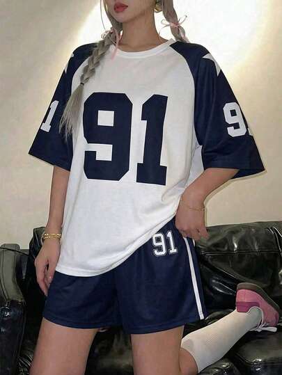 SHEIN ChillGRL 2pcs/Set Girls Crew Neck Short Sleeve T-Shirt Casual Sports Style Star "91" Graphic Color Block Short Sleeve Shorts Set, Suitable For Outdoor, Sports, School, Summer