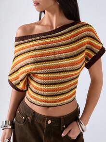 LYSMO 女士夏季休闲时尚沙滩度假风撞色条纹图案不规则领蝙蝠袖修身露脐网纱镂空上衣 - 彩色 - 查看 7