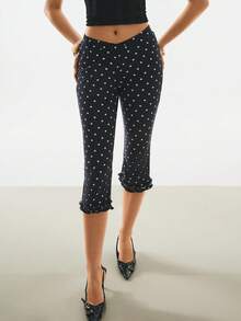 Poéselle Women's Polka Dot Pattern Casual Fashionable Capri Pants - Black - View 3