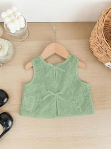 SHEIN LMoss Kids 女婴可爱夏季休闲百搭白色刺绣花卉吊带衫 - 綠色 - 查看 7