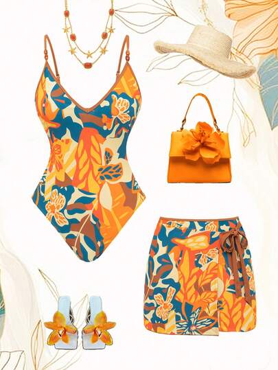 Swim Oasis 女士V领露背性感连体泳衣沙滩裙两件套