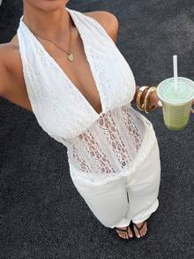 Muchica Women's Floral Lace Deep V-Neck Halter Top - White - View 1