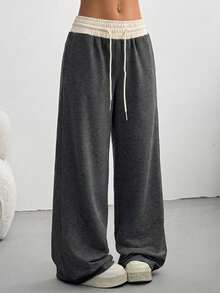 SHEIN EZwear 女士夏季休闲撞色抽绳腰灰色针织阔腿运动裤 - 深灰色 - 查看 2