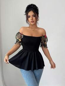 Selianne Áo kiểu dáng chữ A ôm sát, tay ngắn, cổ vuông, chất liệu lưới Pháp thêu hoa, kiểu dáng mới dành cho nữ. - màu đen - Xem 5