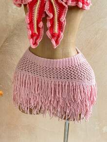 Soleia Women's Vacation Casual Loose Knit Fringe Sweater And Mini Skirt Set, Suitable For Beach, Cruise, Road Trip, Holiday, Date, Afternoon Tea, Music Festival, Boho, Summer, All Season, Daily Commute - Pink - View 3
