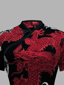 SHEIN LUNE 女士立领龙纹印花优雅收腰迷你派对连衣裙 - 彩色 - 查看 4