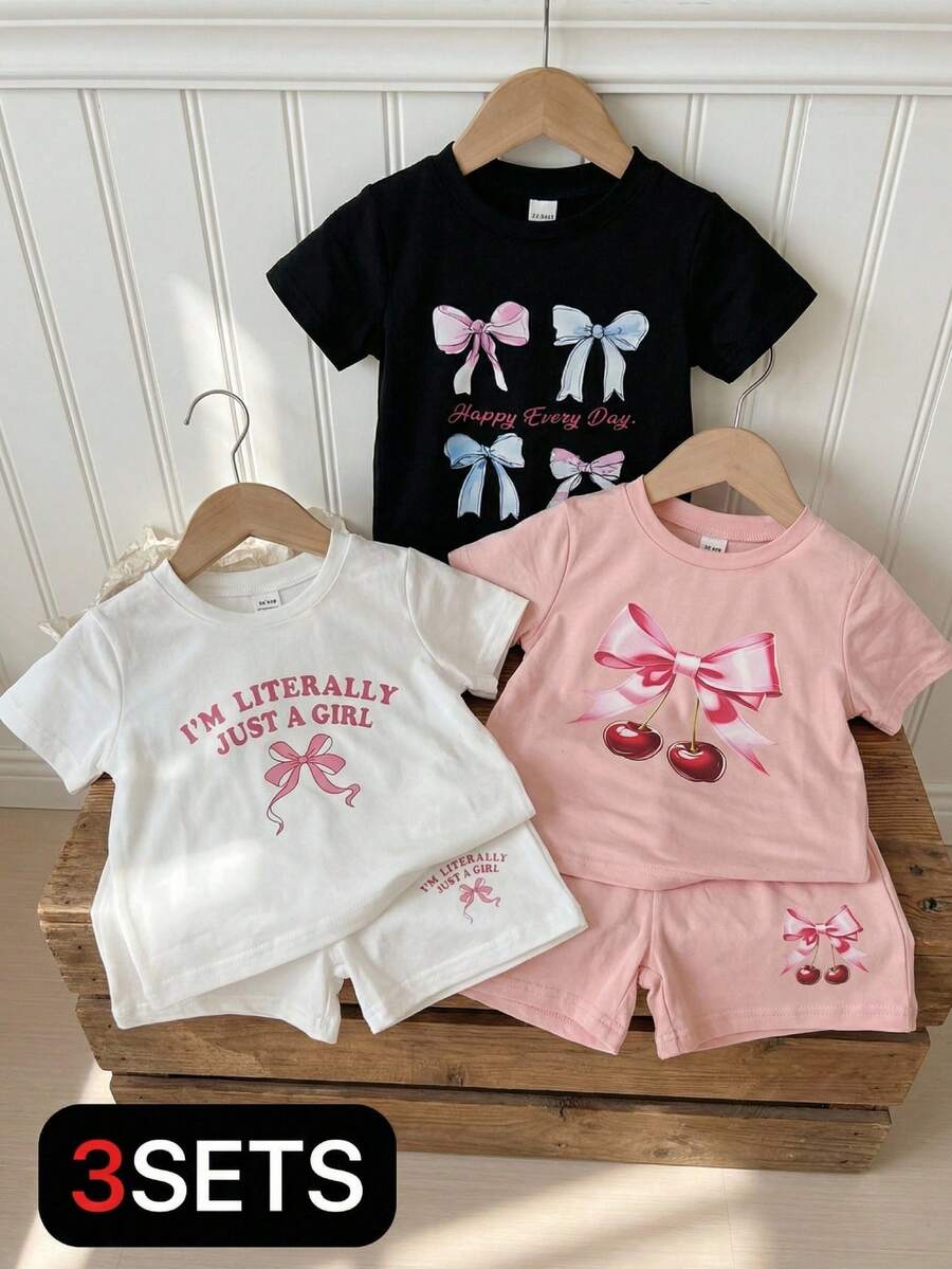 Vintaside Kids 3件套女婴6个月-3岁休闲可爱蝴蝶结字母印花短袖针织圆领上衣和松紧腰短裤套装,多色可选,适合春夏穿着 - 彩色 - 查看 1