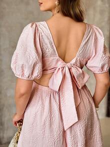 Roveilla Plus Size Baby Pink Textured Backless Tie A-Line Dress For Summer,Elegant Wedding Ninang Bridal Shower Brunch Puff Sleeve Dresses For Women - Pink - View 4