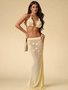 SHEIN BAE Bộ đồ gồm áo croptop không dây và chân váy cạp cao khoét họa tiết hoa kiểu Âu và Mỹ, váy dài dài phong cách Bohemian cho kỳ nghỉ biển, gồm 2 mảnh. - Màu vàng - Xem 3