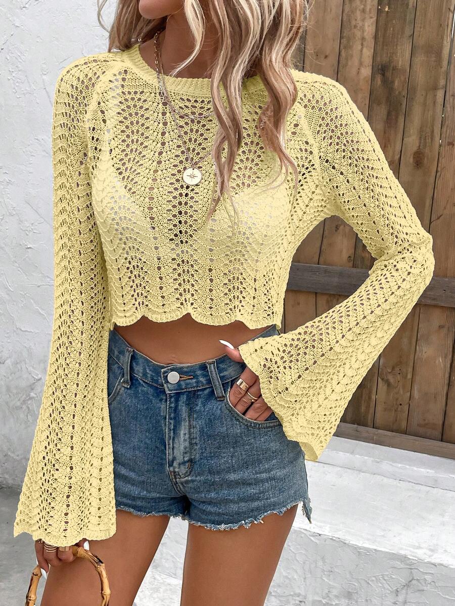 SHEIN Holidaya Women's Solid Color Raglan Sleeve Long Sleeve Cropped Hollow Out Pullover Sweater - Yellow - View 1