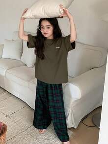Dazy Kids 少女字母印花圆领短袖上衣和格子阔腿裤休闲家居服睡衣套装（夏季款） - 軍綠色 - 查看 5