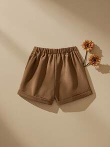 SHEIN 年轻女孩简约都市通勤风宽松褶皱短裤，时尚别致，夏季必备 - 咖啡棕 - 查看 2