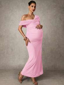 MaterniChic Maternity Solid Color Ruched Fitted Elegant Dress - Baby Pink - View 4
