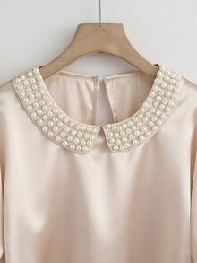 Franclia Women's Round-Neck Pearl-Encrusted Short-Sleeved Shirt,Glossy Satin Woven Fabric,Elegant,Tea Party,Holiday,Summer,White Gold,Fashionable Business Top - Apricot - View 8