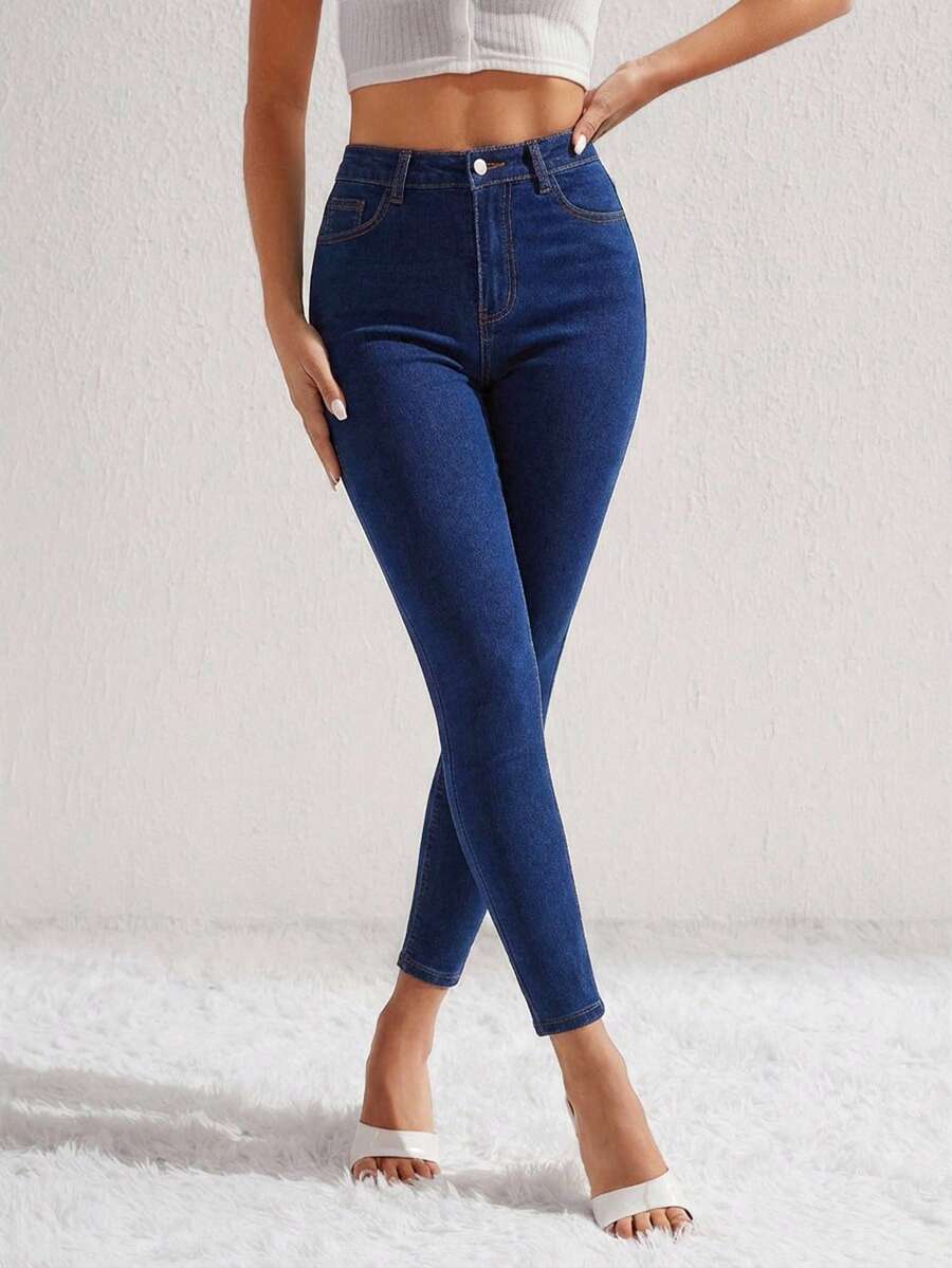 Selenza 女士休闲日常通勤简约纯色高腰紧身牛仔裤 - 藍色 - 查看 1