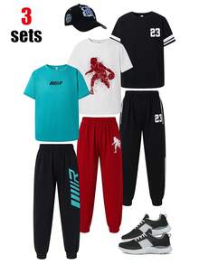 SHEIN 6 pièces Achetez-en 3 obtenez-en 3 gratuitement Ensemble de survêtement pour garçons préadolescents, style mode sport minimaliste, t-shirt à col rond ample à manches courtes et pantalon. Convient pour le printemps, l'été, l'automne, les sorties, la Saint-Valentin, les rendez-vous, les voyages, les vacances, les rassemblements familiaux, la rentrée scolaire, les mariages, les galas, les sports - Multicolore - Voir 2