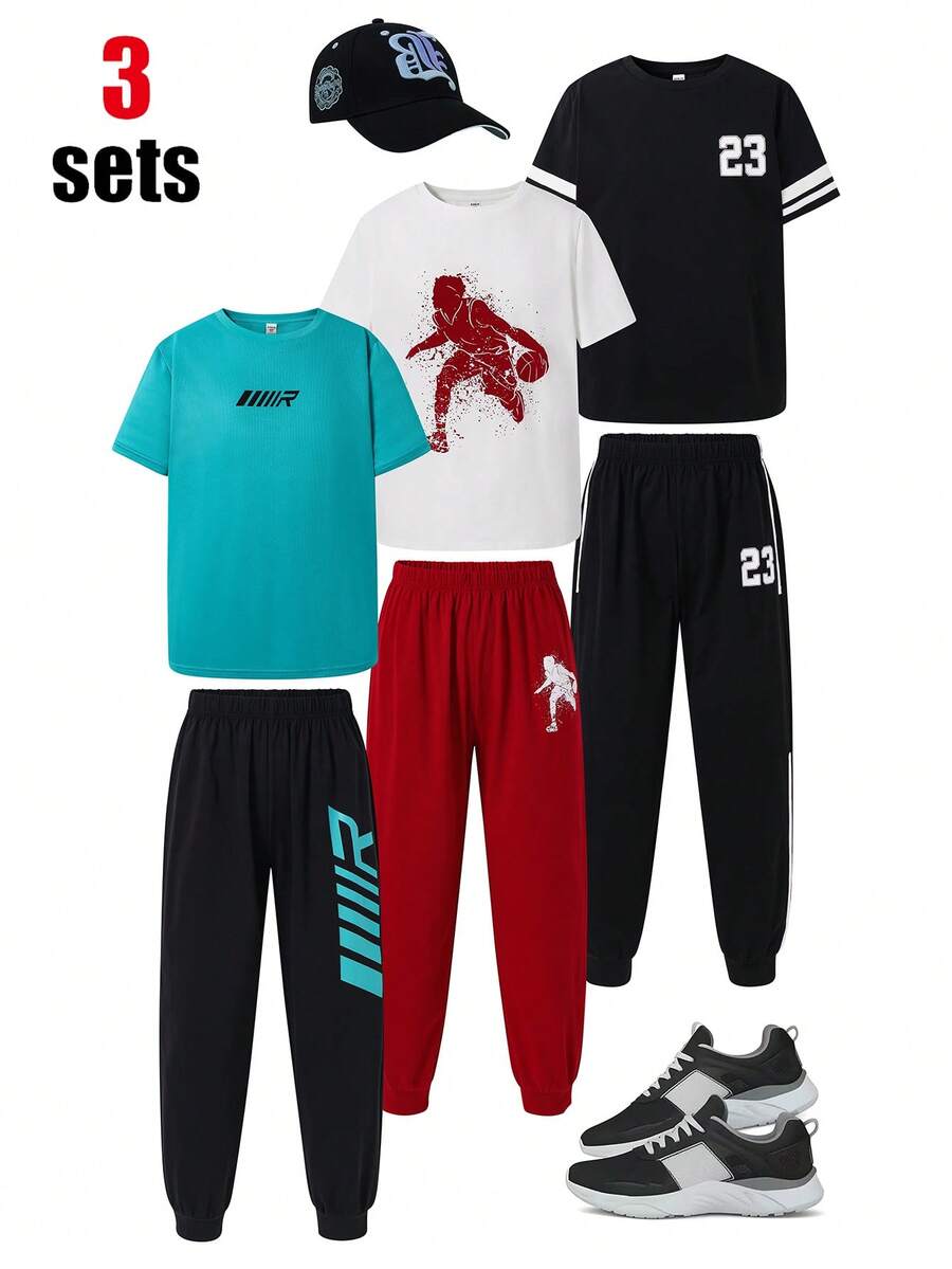 SHEIN 6 pièces Achetez-en 3 obtenez-en 3 gratuitement Ensemble de survêtement pour garçons préadolescents, style mode sport minimaliste, t-shirt à col rond ample à manches courtes et pantalon. Convient pour le printemps, l'été, l'automne, les sorties, la Saint-Valentin, les rendez-vous, les voyages, les vacances, les rassemblements familiaux, la rentrée scolaire, les mariages, les galas, les sports