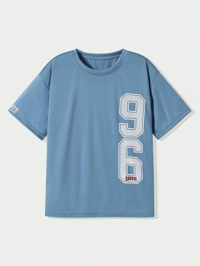 Oversized Casual Sports Big Letter Print Blue Round Neck Short Sleeve T-Shirt For Teenage Boys, Loose Fit Comfortable Retro College Style, Suitable For Spring, Summer, Autumn, Daily Wear, Birthday Party, Campus Activities, Family Gathering, Formal Occasions