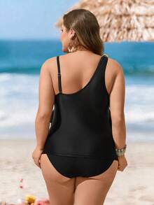 Swim Lushoire Plus Size Women Summer Beach Solid Color Asymmetric Neckline Fashionable Tankini Swimwear Set - Black - View 2