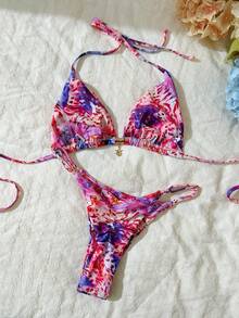 Elavelle Springbreak 女士随机印花吊带性感比基尼泳衣套装，夏季沙滩装 - 彩色 - 查看 3