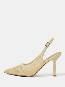 CUCCOO HITCHD 女士尖头蕾丝刺绣高跟鞋，优雅浪漫白色女士浅口鞋，新娘婚礼场合高跟鞋 - 薑色 - 查看 2