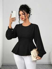 Elenzga 大码女士优雅褶皱圆领长袖衬衫 - 黑色 - 查看 7