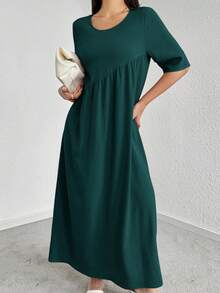 Mulvari Women's Solid Color Round Neck Pleated Casual Party Dress, Suitable For Summer Casual Long Dress - Dark Green - View 4
