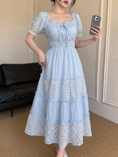 DAZY Women's Elegant Lace Patchwork Square Collar Frill Trim Tie Waist Mid-Length Dress, Summer