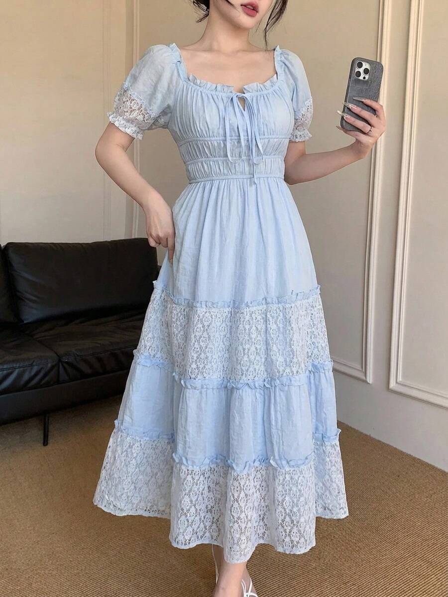 DAZY Đầm nữ thanh lịch phối ren, cổ vuông, viền bèo nhún, thắt eo, dài ngang gối, thích hợp cho mùa hè. - Màu xanh lam - Xem 1