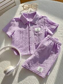 SHEIN 2 st babypojke sommar casual semester lila skjorta och shorts set - Multifärgad - Visa 5