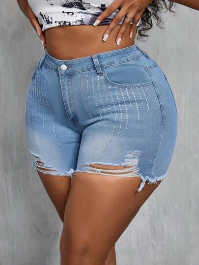 Slaydiva 大码女式水钻做旧口袋纽扣休闲百搭日常牛仔短裤