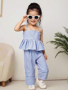 SHEIN Young Girl Casual Vacation College Commute Street Style Camisole Patchwork A-Line Woven Striped Top & Matching Patchwork Wide Leg Long Pants Set Young GirlS - Blue and White - View 7