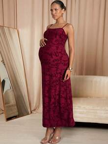MaterniChic Maternity Burgundy Summer Elegant Formal Textured Dress,Photography Outfits Perfect For Vacation Baby Shower Party Wedding Guest Luxury Evening Dress - Burgundy - View 3