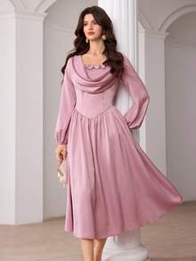 Modelyn Women's Spring/Summer Pink Woven Draped Neck Ruffle Waist A-Line Elegant Romantic Dress Cowl Neck Dress Lantern Sleeve Dress Feminine Dress Purple Long Sleeve Elegant Dress Dusty Rose Dress Women Dress Easter Brunch Romantic Floral Dres Easter Brunch Romantic Floral Dres Global Modest Fashion Dres Soft Pink Satin Modest Midi Dress Spring Break Romantic Outfit Easter Sunday Modest Floral Dress Spring Date Night Midi Dress Garden Party Elegant Dress Premium Satin Fabric Dusty Pink Rose Applique Mi - Pink - View 7