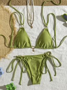 Swim Mod 2pcs/Set New Random Green Triangle Strap Sexy Elegant Vacation Bikini Set, Suitable For Beach, Pool, Party - Green - View 3