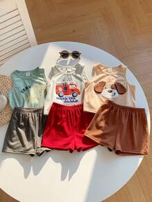 SHEIN Bộ 6 món đồ mặc nhà cho bé trai và bé gái, in hình hoạt hình, phối màu tương phản gồm áo ba lỗ và quần short cạp chun, thích hợp mặc mùa hè. - Nhiều màu - Xem 7