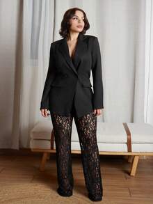 Lupita Cardoza 女士优雅宽松双排扣长袖西装外套和喇叭蕾丝裤套装，春秋季 - 黑色 - 查看 6