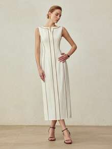 MOTF PREMIUM SLEEVELESS CONTRAST TRIM LINEN MIDI DRESS, CLASSIC ELEGANT FOR COMMUTING, SPRING/SUMMER - White - View 5