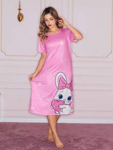 Heart Rabbit Print Cute Sweet Knitted Loose Long Nightgown For Women - Multicolor - View 6