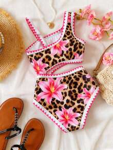 SHEIN Bộ đồ bơi liền thân họa tiết hoa nhí dành cho bé gái tuổi teen, có viền bèo nhún. - Nhiều màu - Xem 2