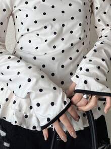 FRIFUL 女款圓領植絨波點修身對比飾邊長袖T恤 - 杏色 - 查看 7