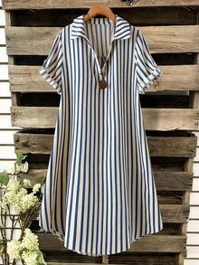 SHEIN Tall CURVE 大码女式法式休闲夏季V领短袖连衣裙 - 彩色 - 查看 3