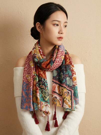 Joivida 1Pc Cotton Linen Vintage Paisley Scarf, Bohemian Patchwork Shawl, Elegant Sun Protection Wrap