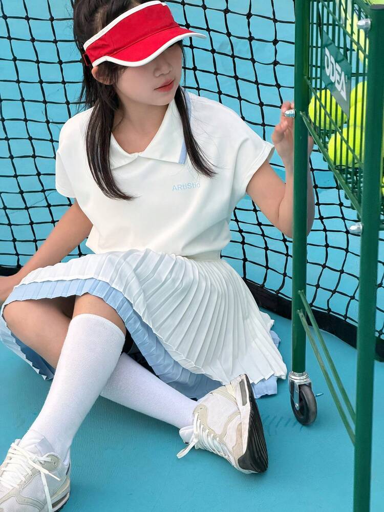 Tween Girl Contrast Color Cap Sleeve Top And Mini Skirt Casual Sportswear Set