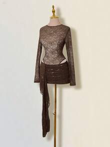 SHEIN ICON Women's Brown Floral Chic Summer Club Night Sheer Round Neck Lace Patchwork Jumpsuit And Mini Skirt 2 Pieces Set,Wedding Guest Party Outfits - Brown - View 3