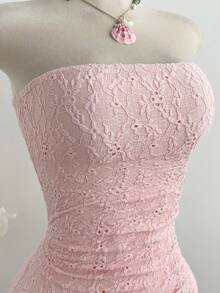 Elamini Pink Strapless Textured Floral Ruched Waist Slit Ruffle Hem Bodycon Dress - Baby Pink - View 6